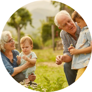 Grandmother and grandfather playing with their two grandchildren in a field.