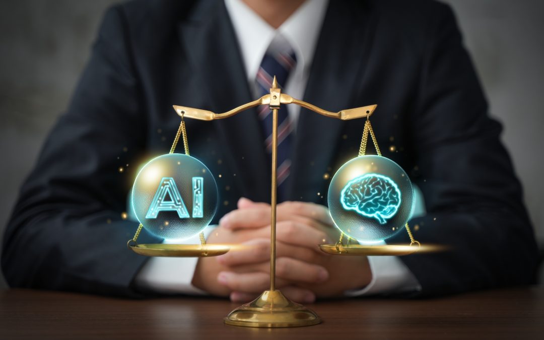 A man sits in front of a scale with AI on one side and a brain on the other.